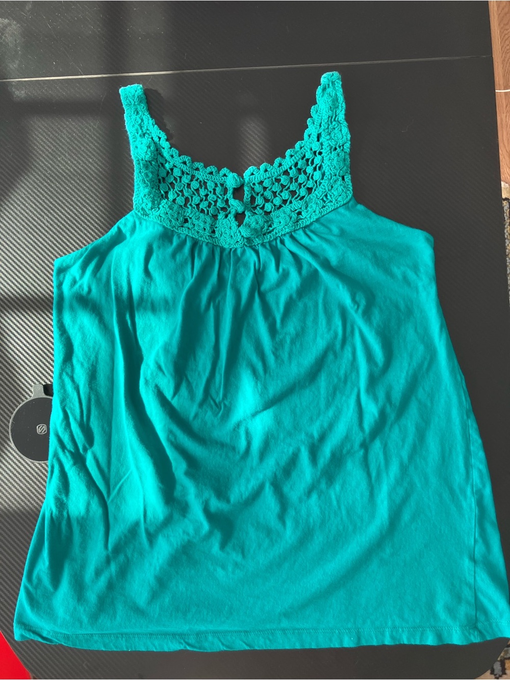 Crochet Yoke Sleeveless Cotton Tank Top - Teal
